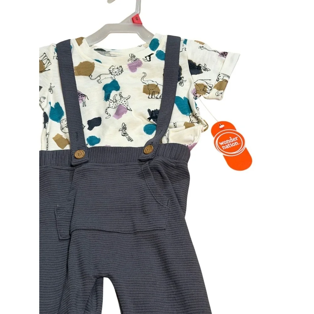 NWT Wonder‎ Nation Baby Boys 18M 2Pcs Outfit Animal AOP Shirt & Suspender Pants